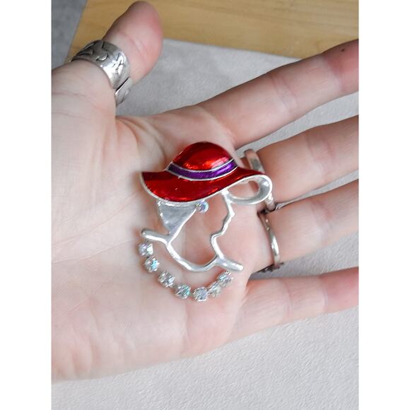 Vintage Lady Red Hat Brooch Pin Enamel Aurora Borealis Crystal Silver Tone - Picture 2 of 6